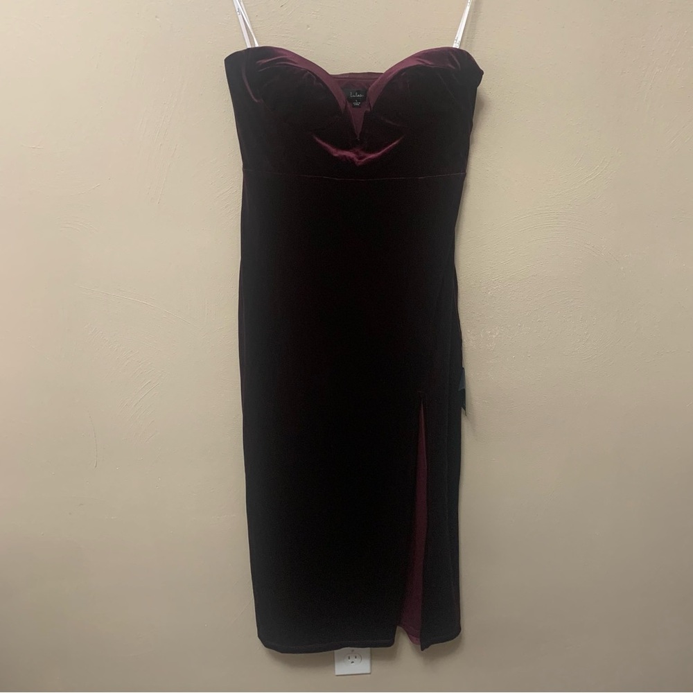 Lulu's Deep Wine Strapless Midi Dress - Picture 4 of 11